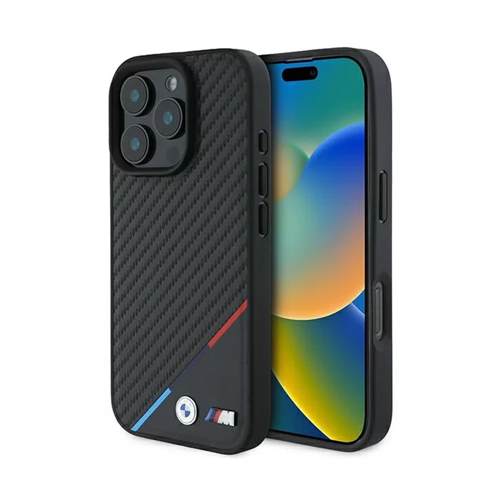 BMHMP16X23PUDTK BMW iPhone 16 Pro Max black hardcase M Carbon Tricolor Line - Image 1